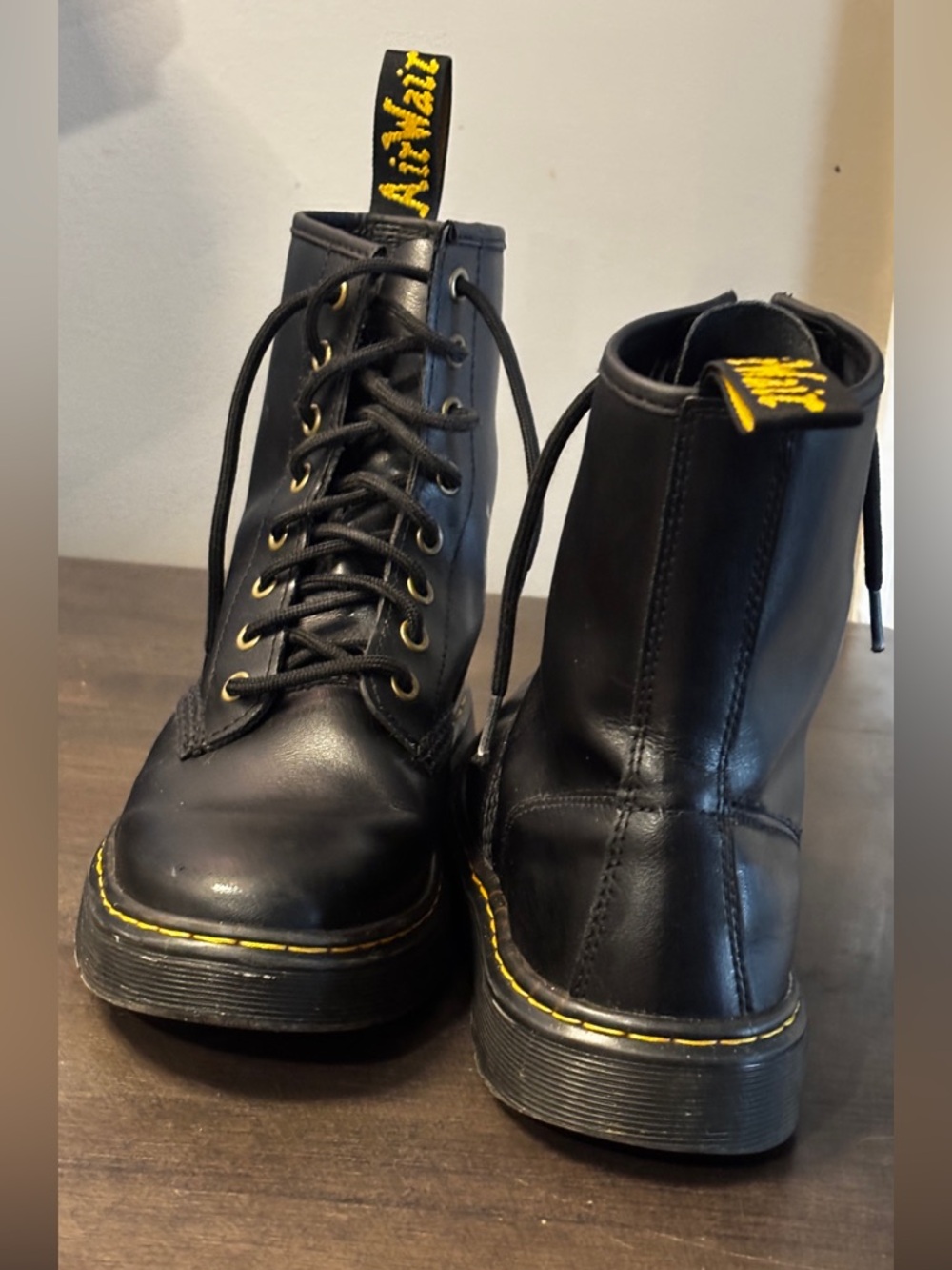 Dr. Martens Black Leather Lace-Up Boots with Yellow Stitching